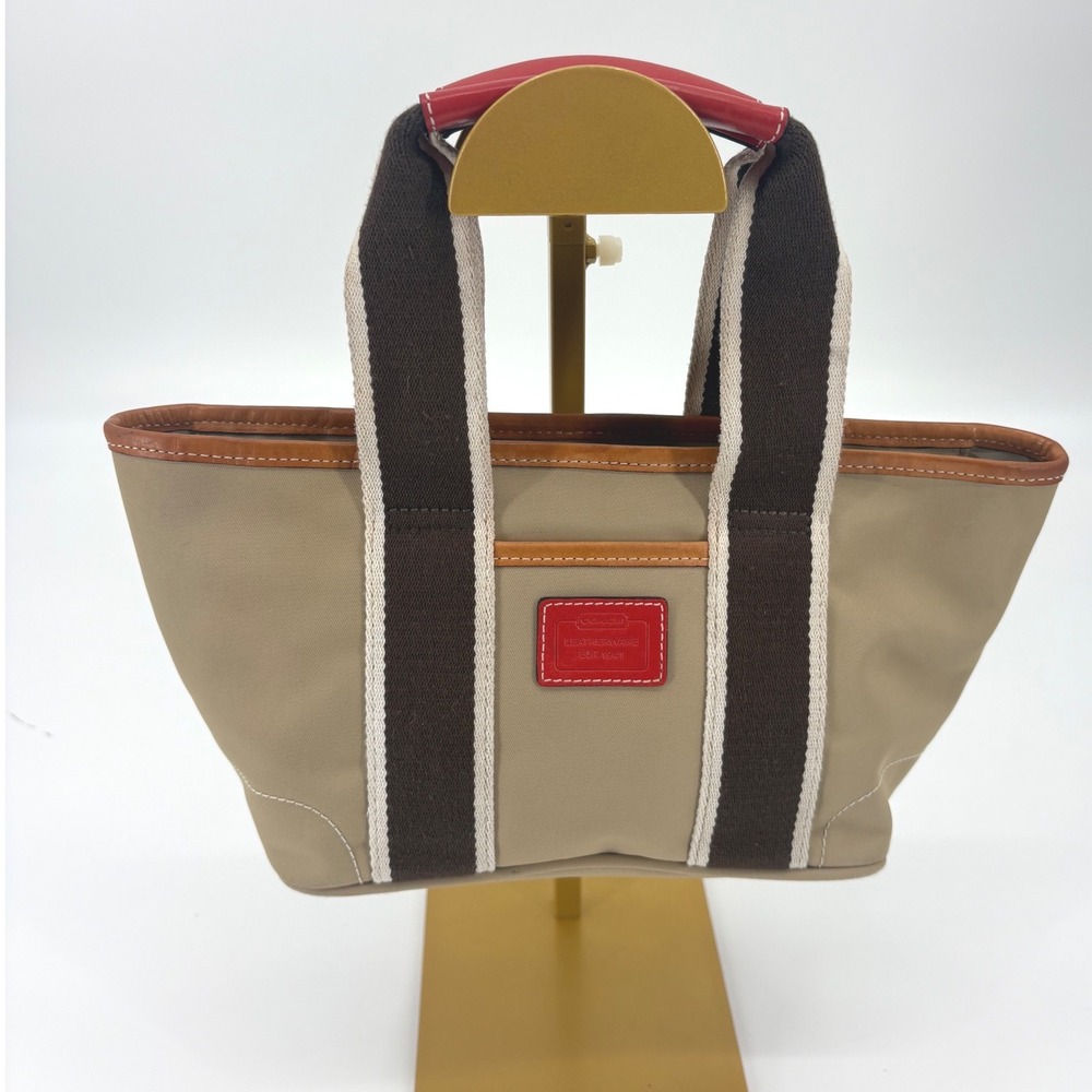 Coach‎ Mini Canvas Stripe Tote – Leather Trim – Khaki Brown Red – Y2K